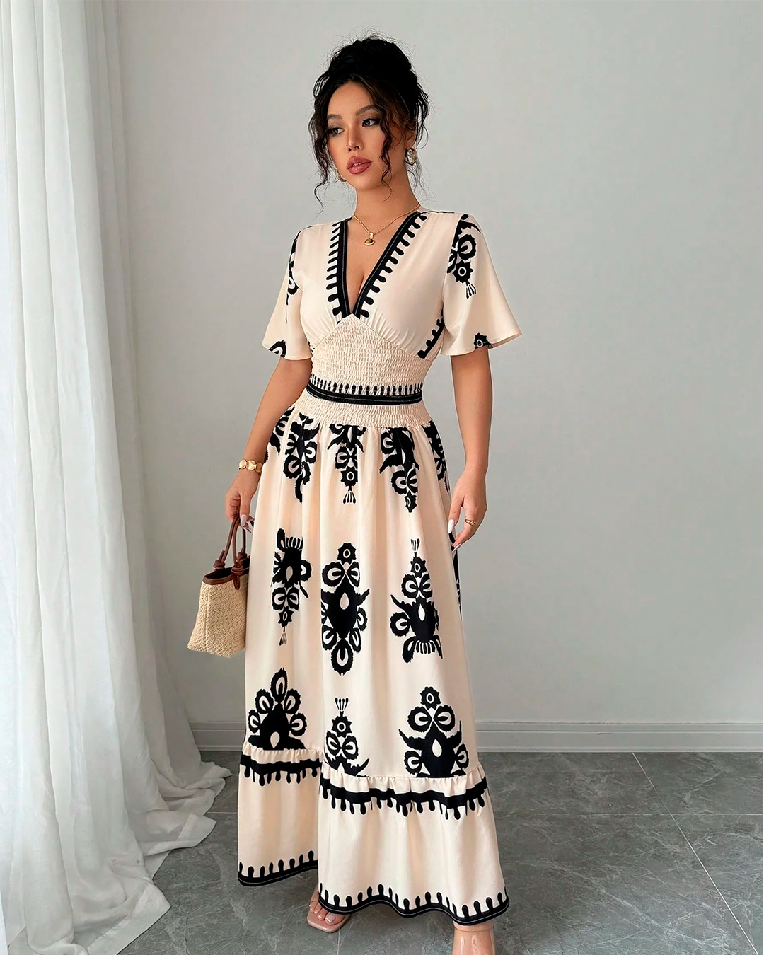 Ethnic Print Long Dress with Cut Out Detail