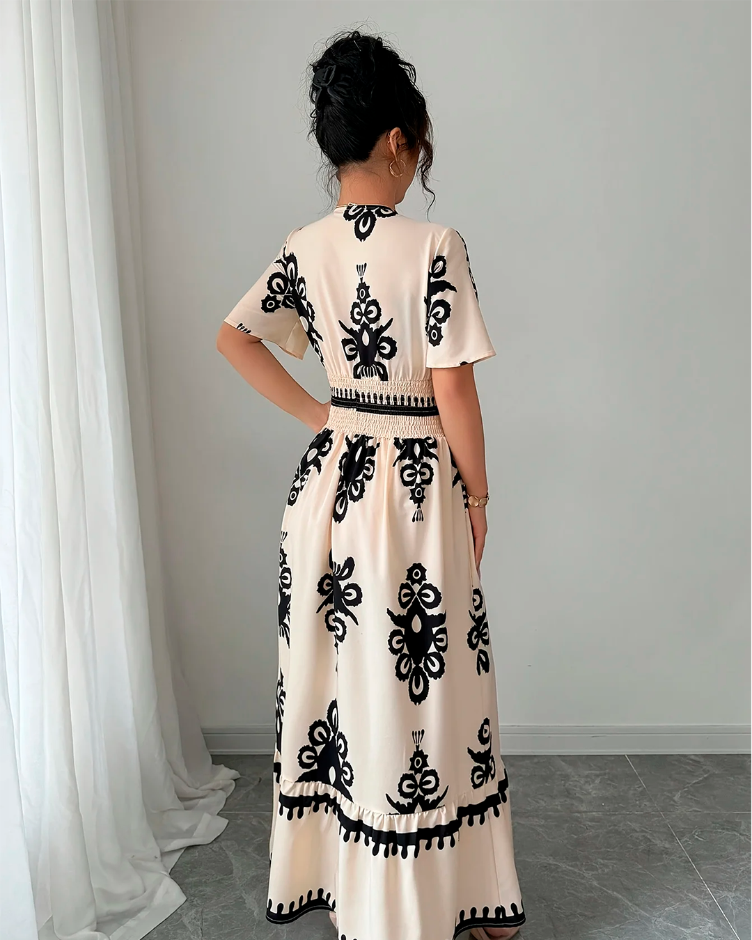 Ethnic Print Long Dress with Cut Out Detail