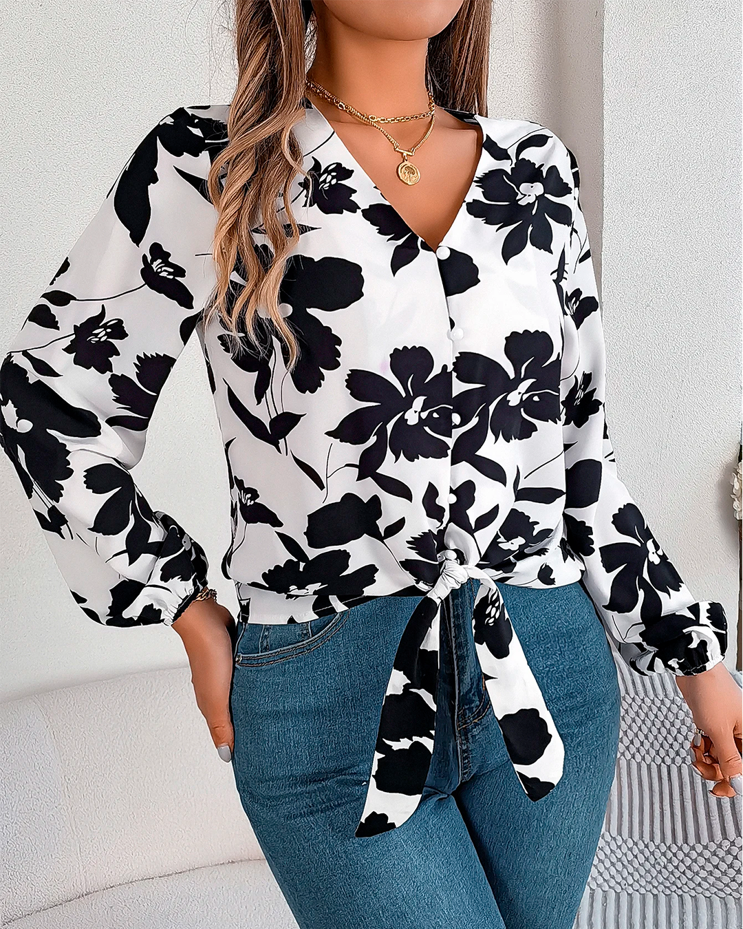 Floral Front Tie Blouse