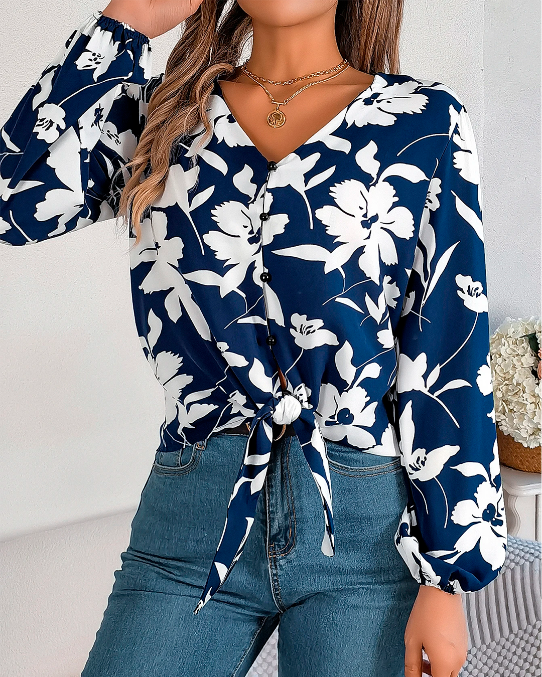 Floral Front Tie Blouse