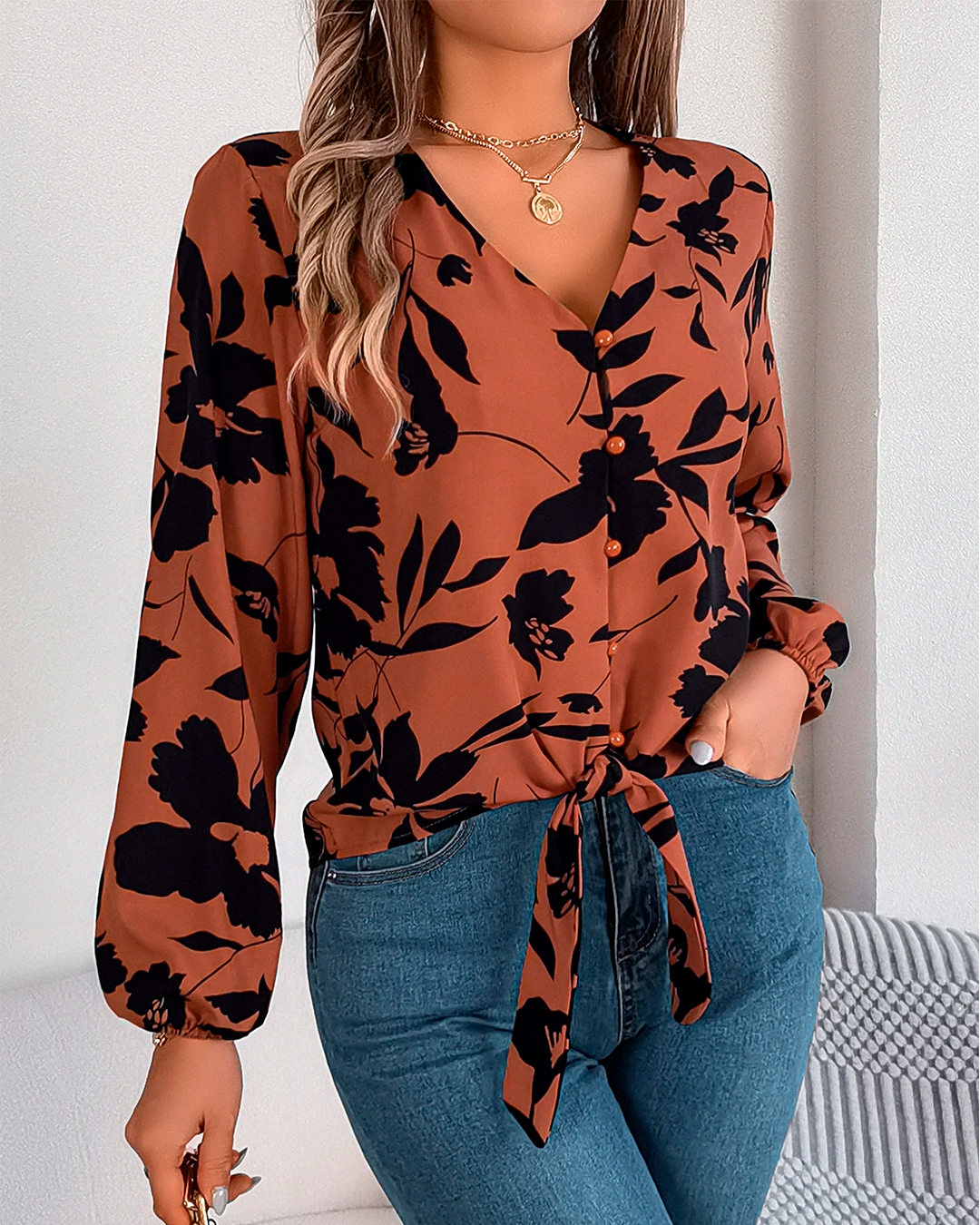 Floral Front Tie Blouse