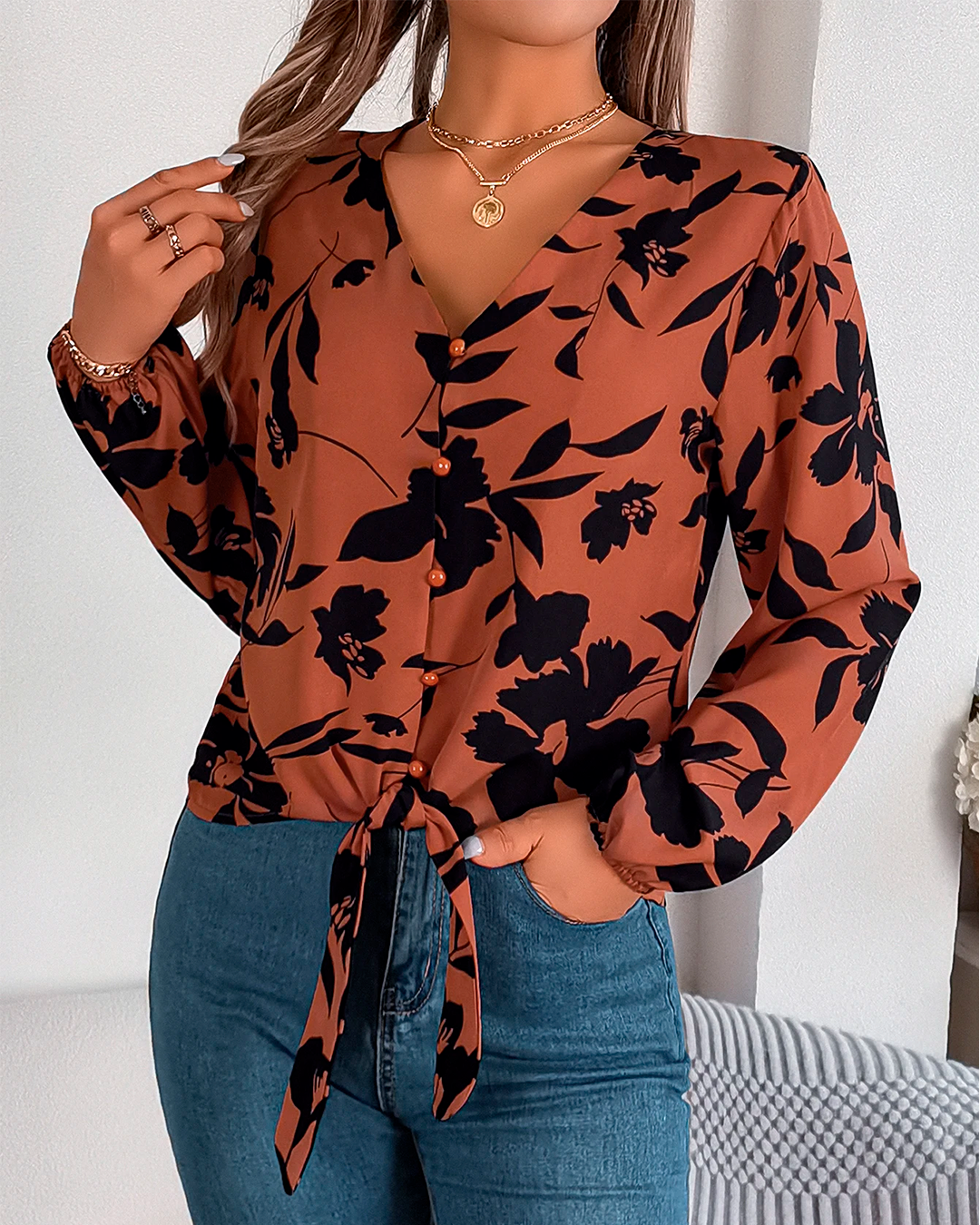 Floral Front Tie Blouse
