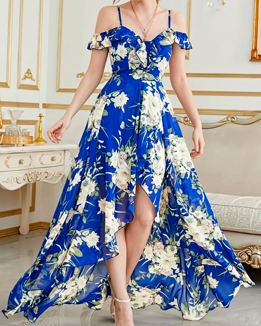 Floral Long Dress with Ruffles Asymmetric Slit