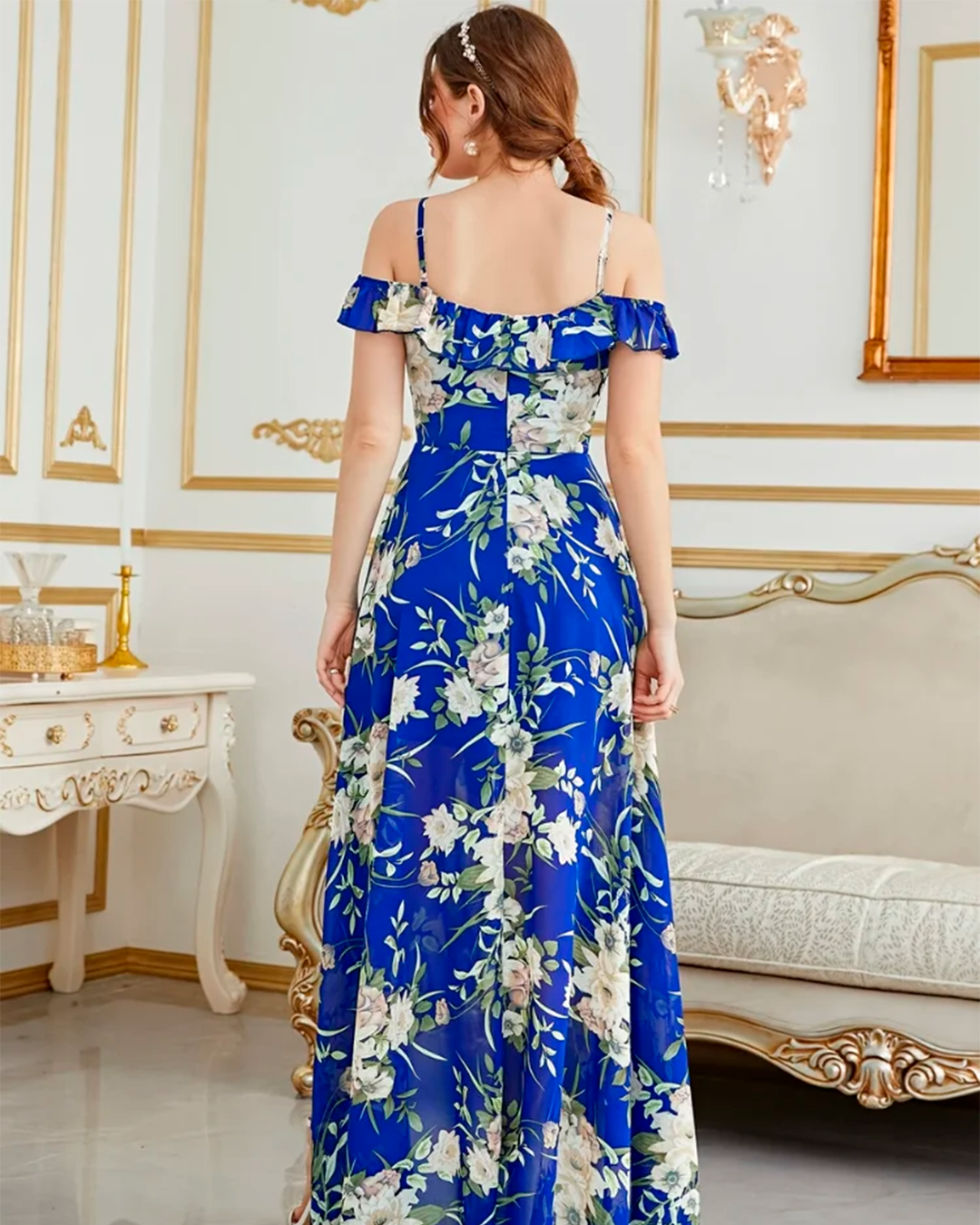 Floral Long Dress with Ruffles Asymmetric Slit
