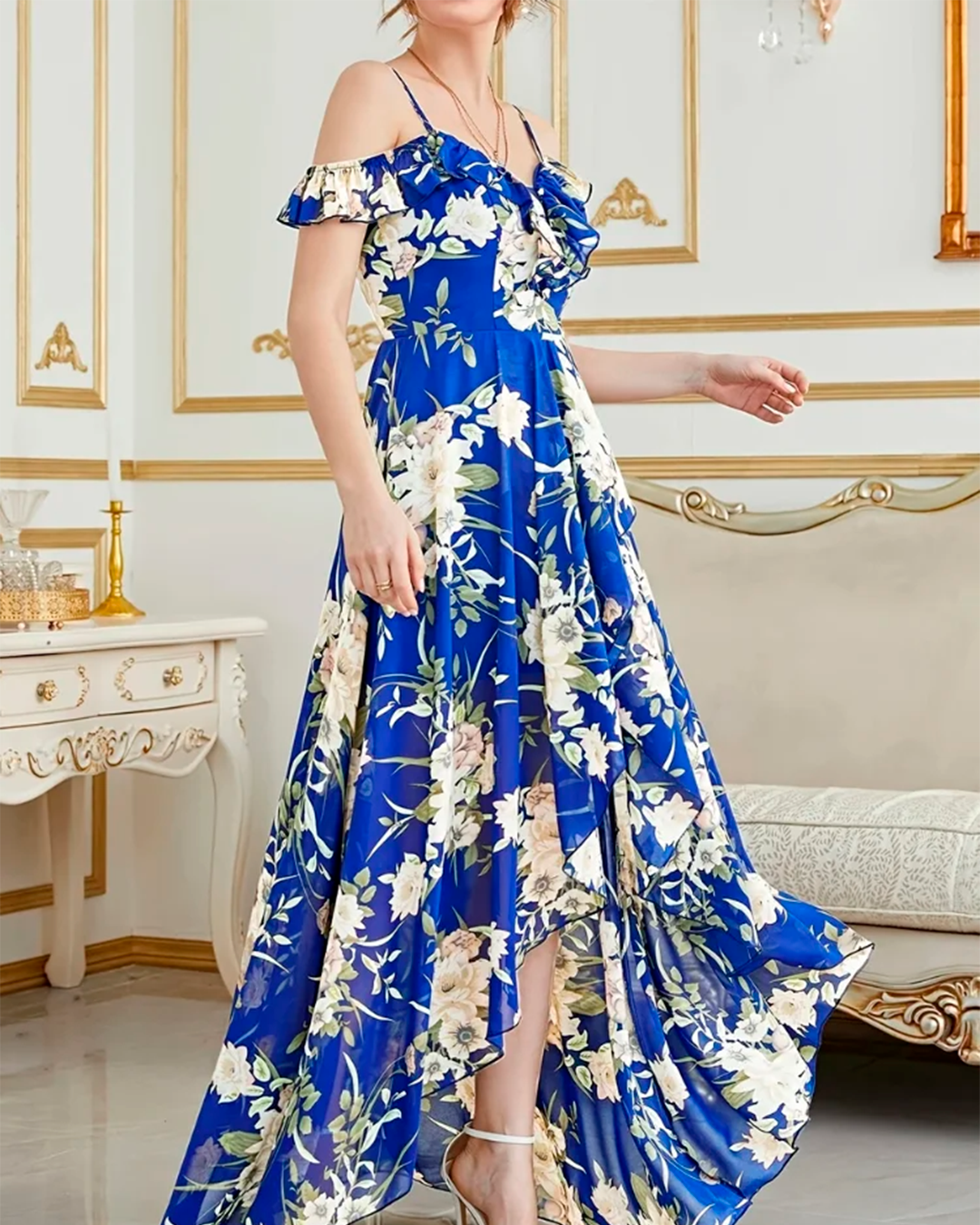 Floral Long Dress with Ruffles Asymmetric Slit