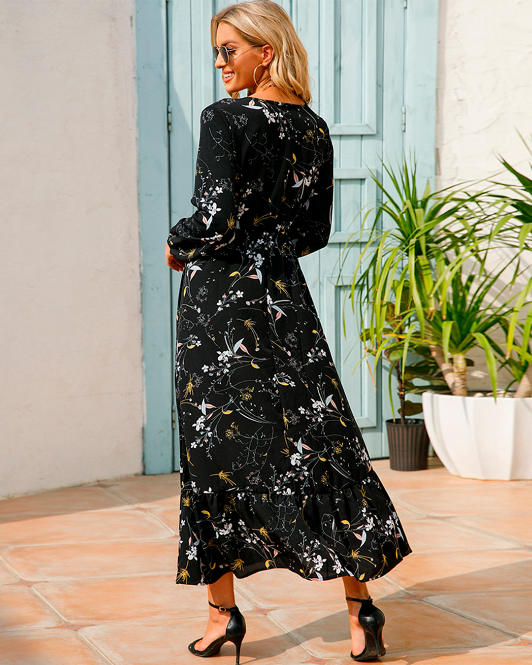Floral Long Sleeve Dress with Hem Ruffle