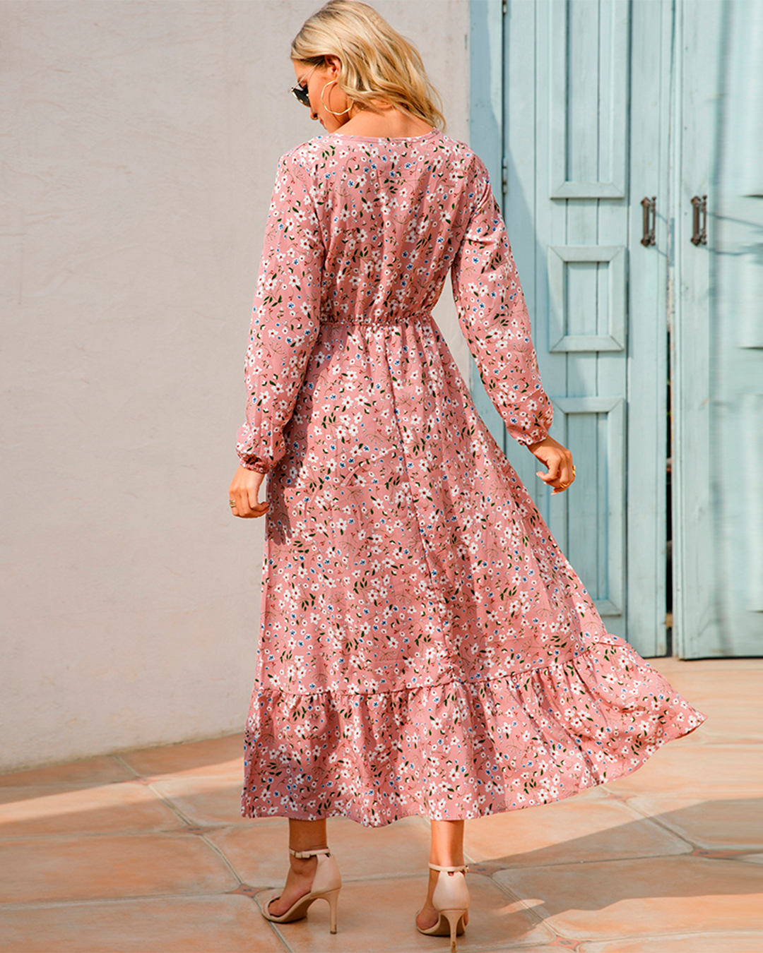 Floral Long Sleeve Dress with Hem Ruffle