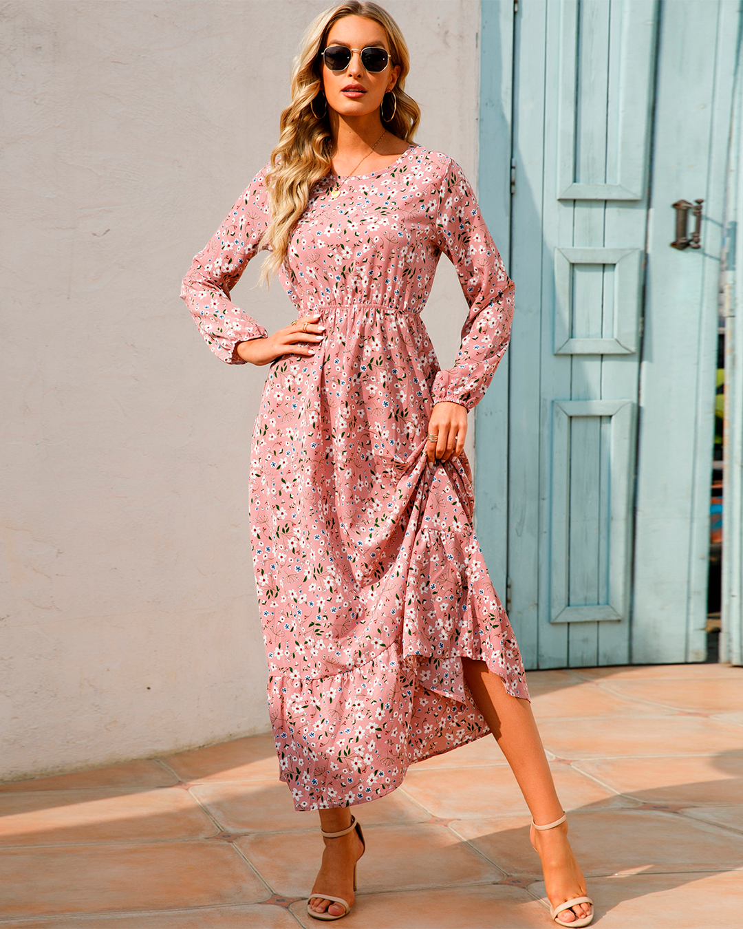 Floral Long Sleeve Dress with Hem Ruffle