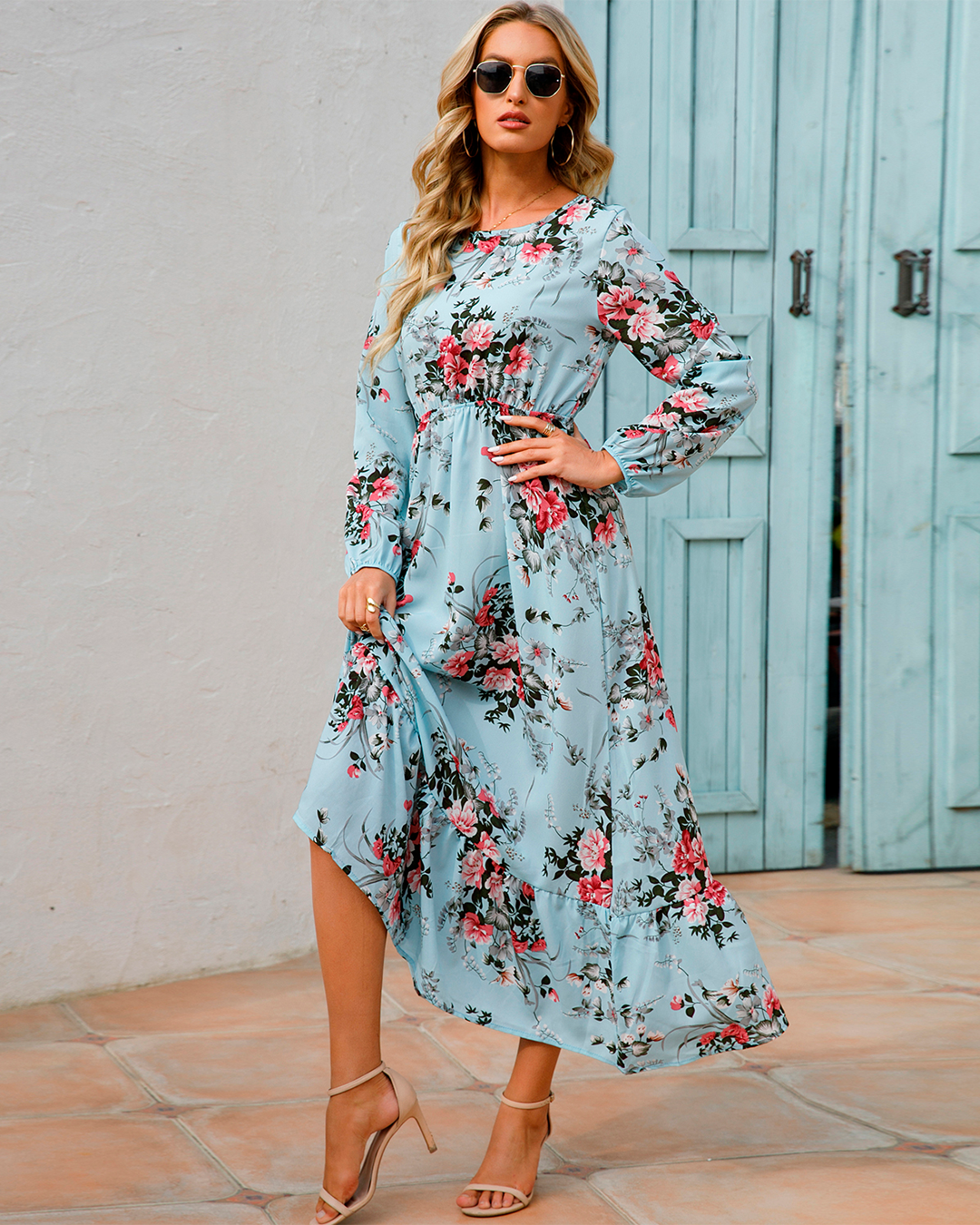 Floral Long Sleeve Dress with Hem Ruffle