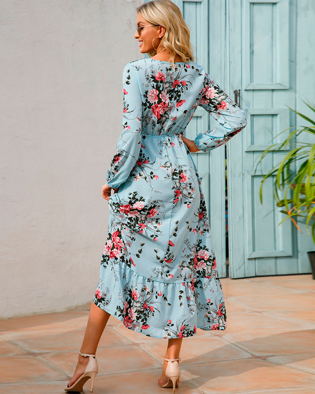 Floral Long Sleeve Dress with Hem Ruffle