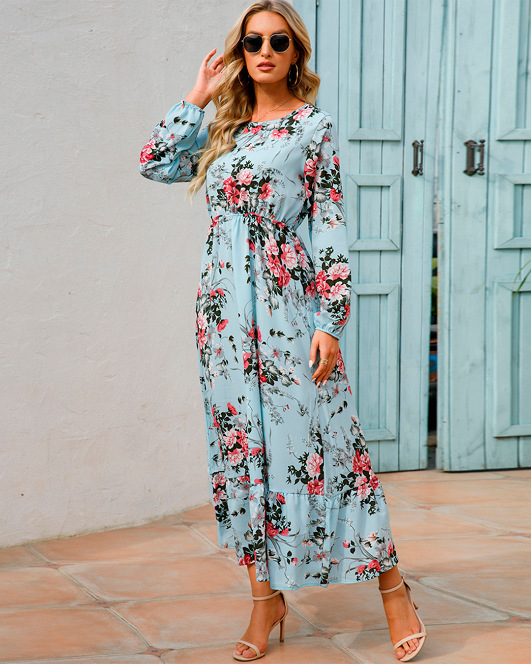 Floral Long Sleeve Dress with Hem Ruffle