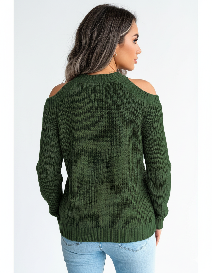 Sweater Women's Green Knit Cold-Shoulder