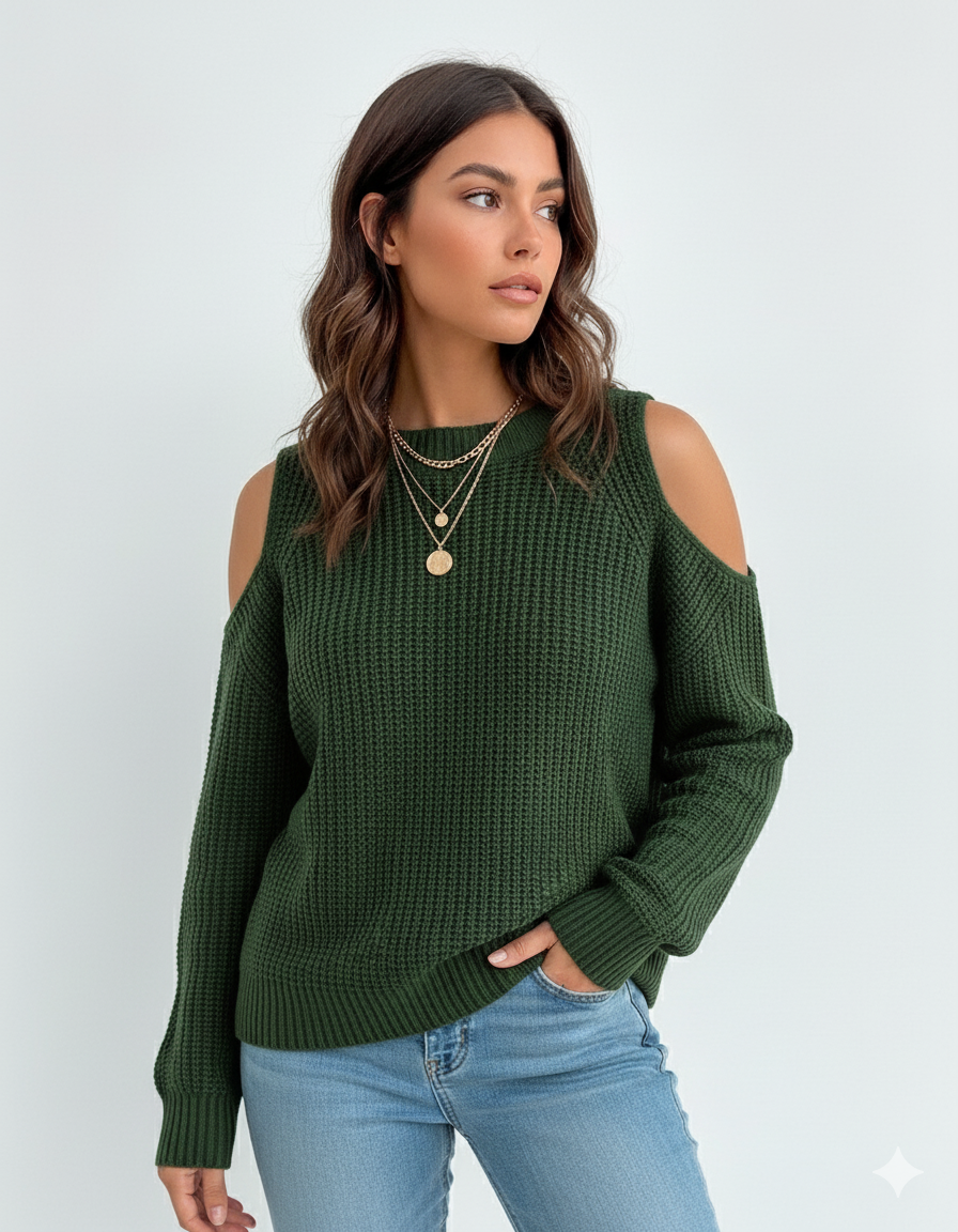 Sweater Women's Green Knit Cold-Shoulder