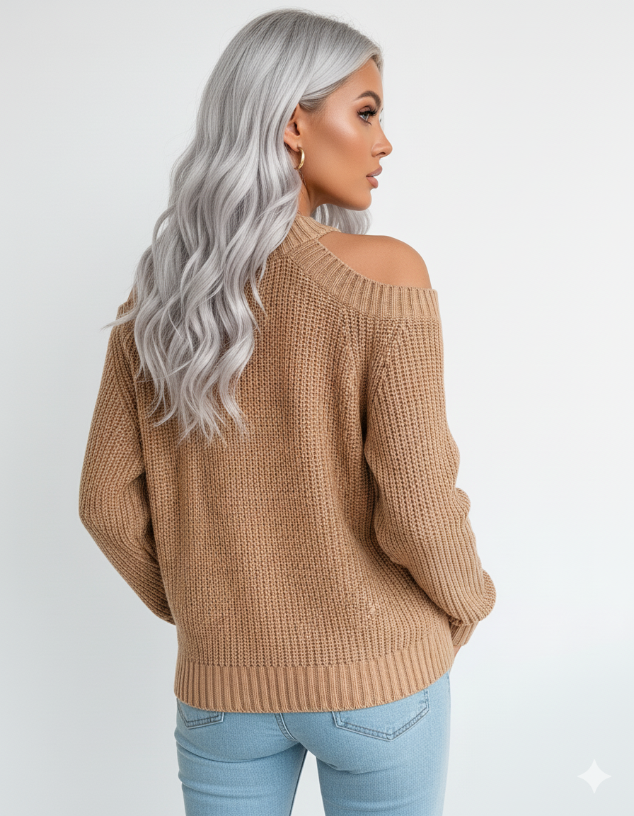 Sweater Women's Green Knit Cold-Shoulder