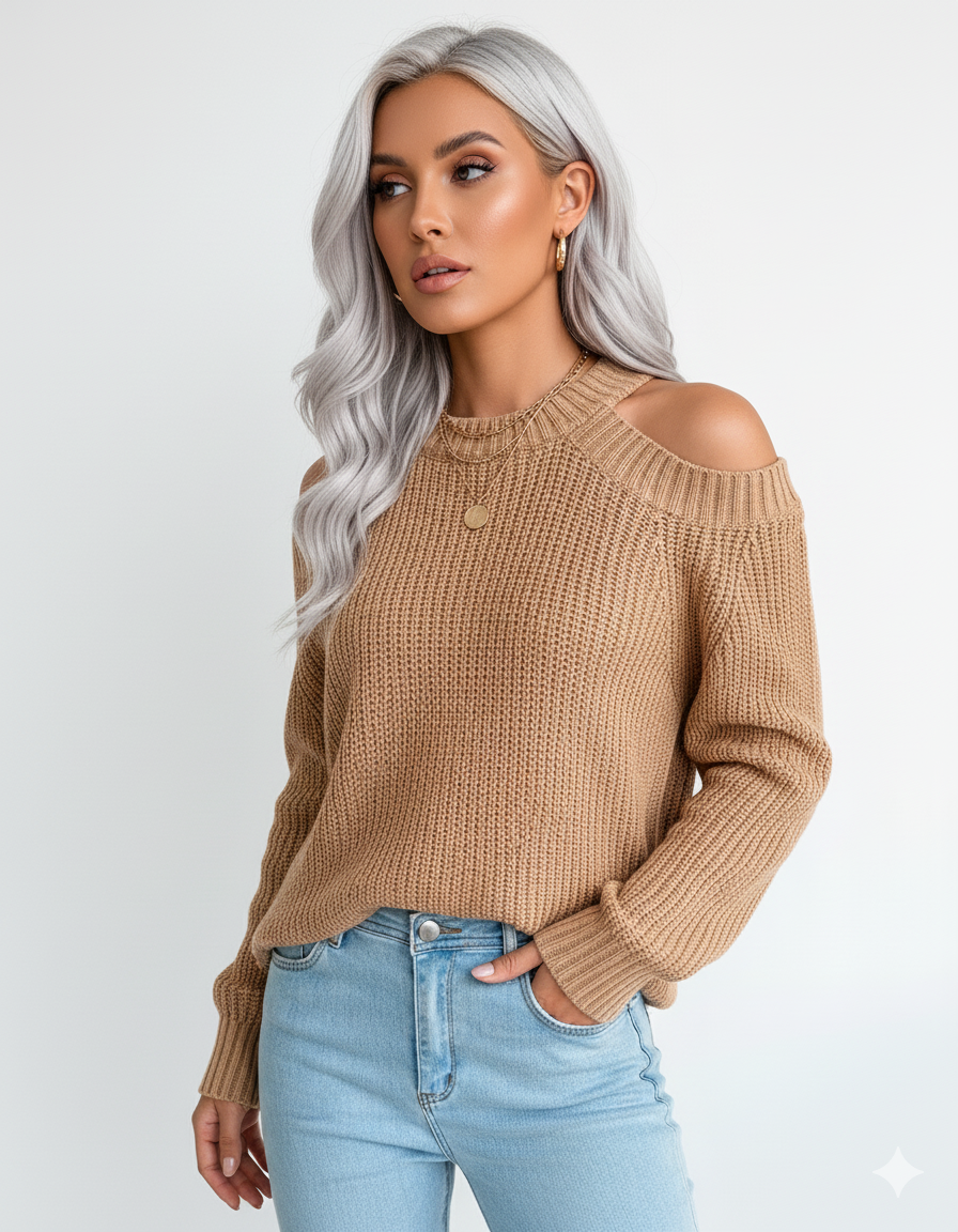 Sweater Women's Green Knit Cold-Shoulder