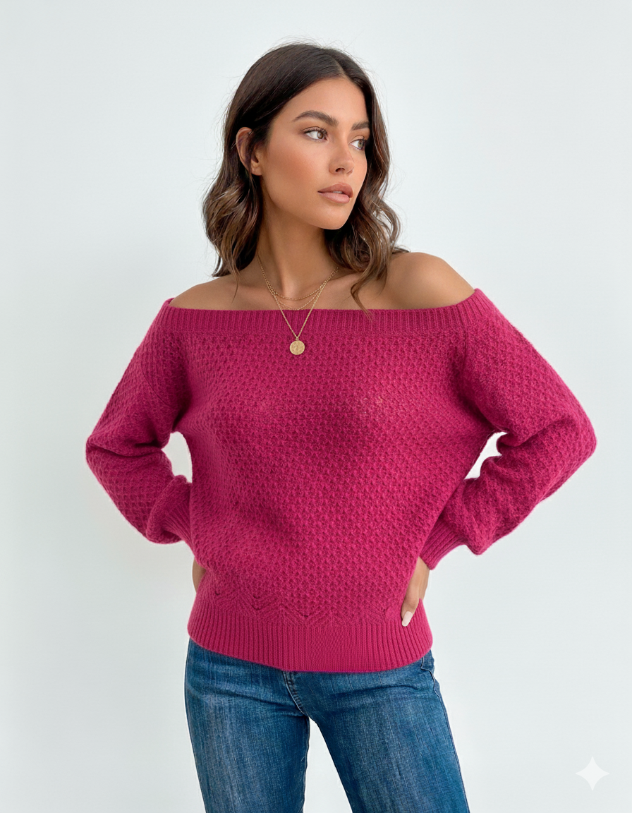 Sweater Women's Off-Shoulder Knit Hot Pink