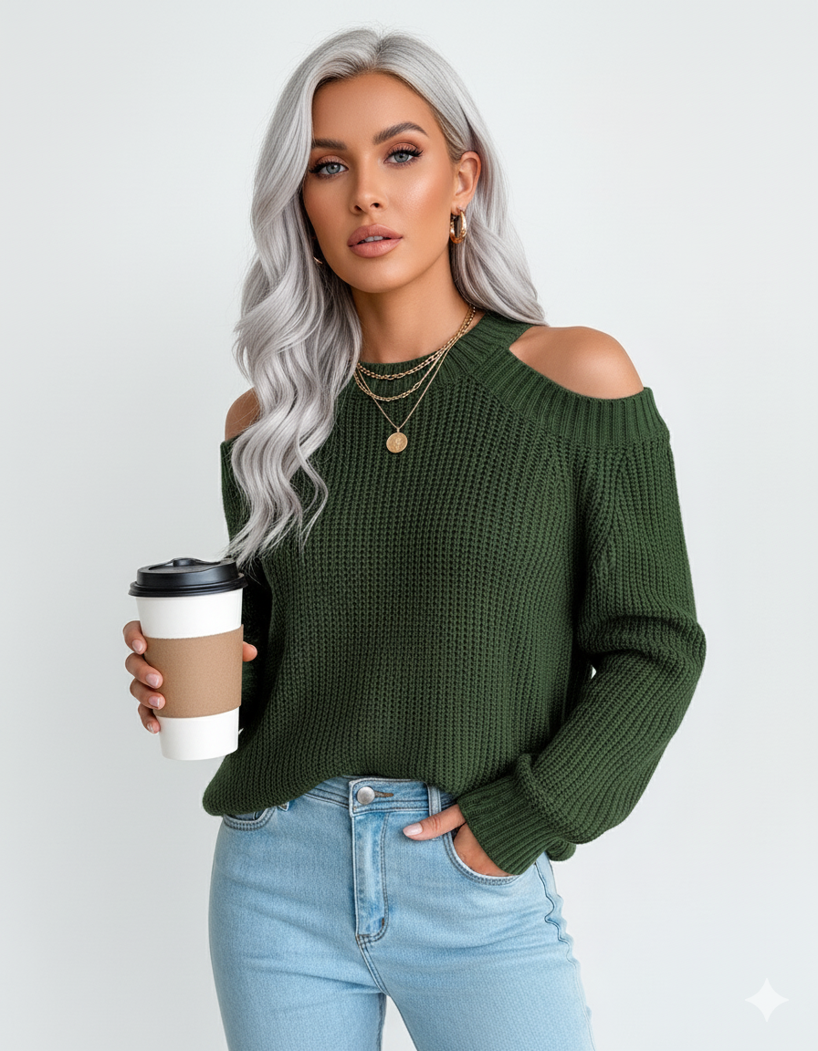 Sweater Women's Green Knit Cold-Shoulder