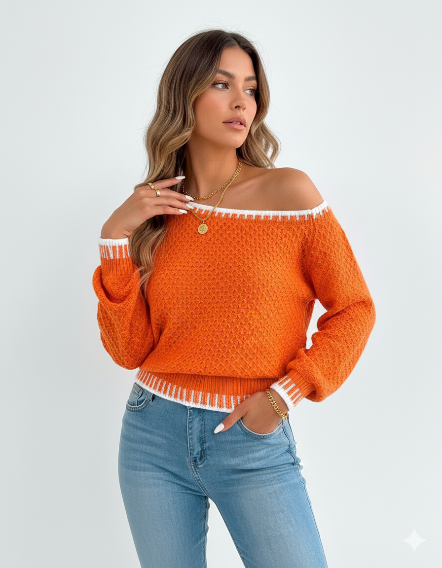 Sweater Women's Orange Knit Off-Shoulder White Trim