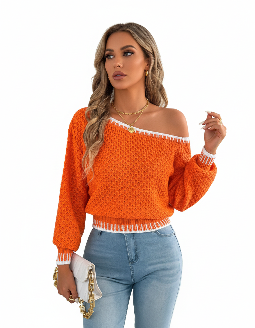 Sweater Women's Orange Knit Off-Shoulder White Trim
