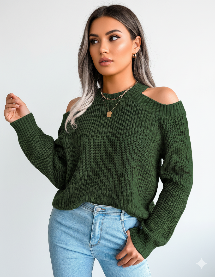 Sweater Women's Green Knit Cold-Shoulder
