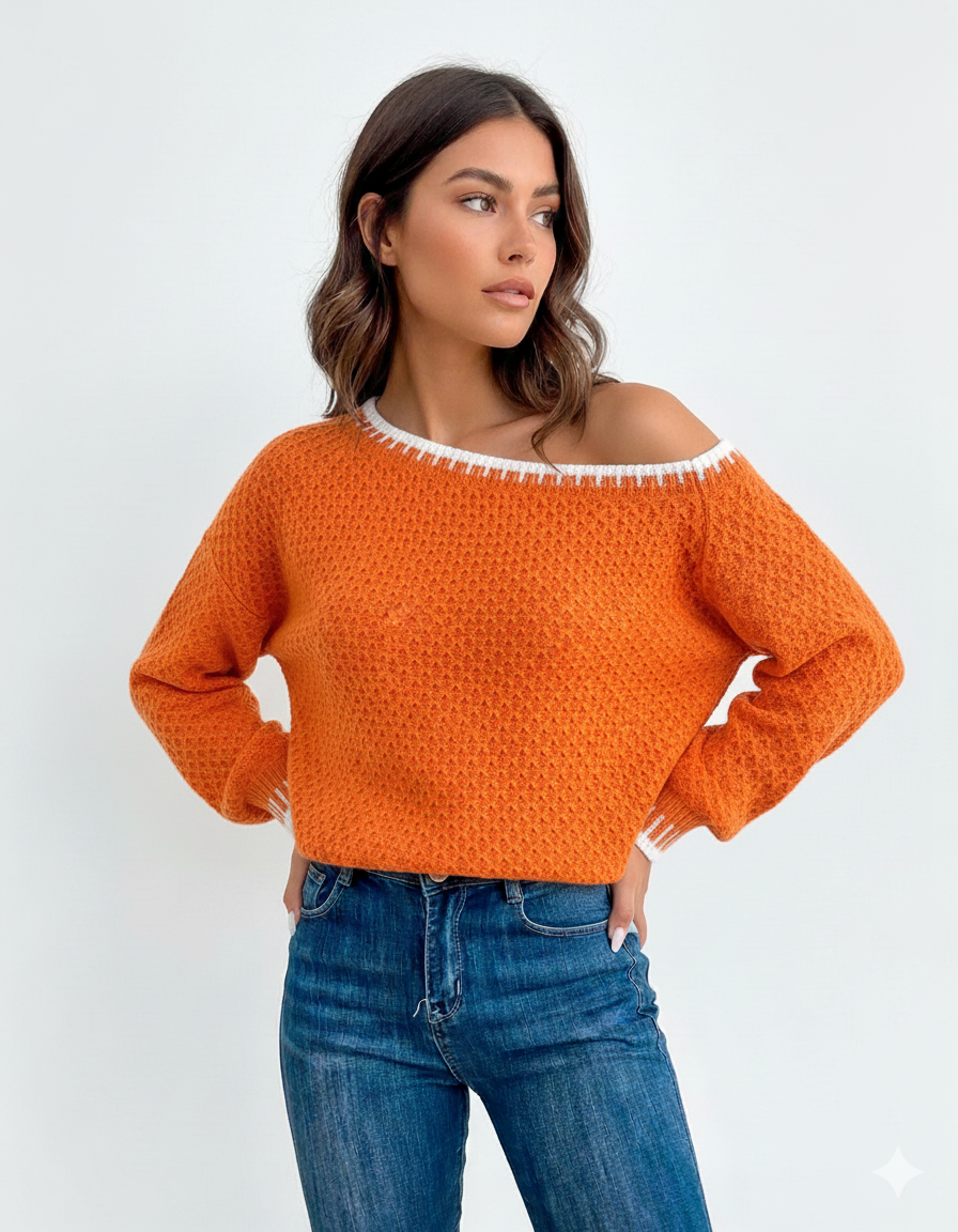 Sweater Women's Orange Knit Off-Shoulder White Trim