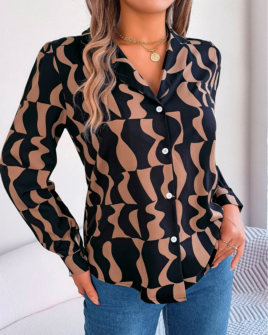 Geometric Print Front Button Blouse