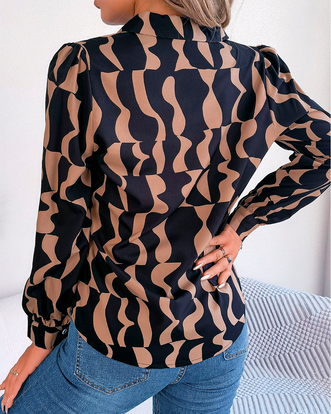 Geometric Print Front Button Blouse