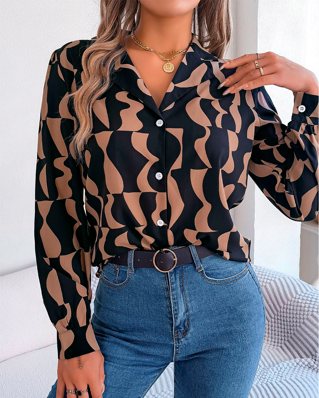 Geometric Print Front Button Blouse
