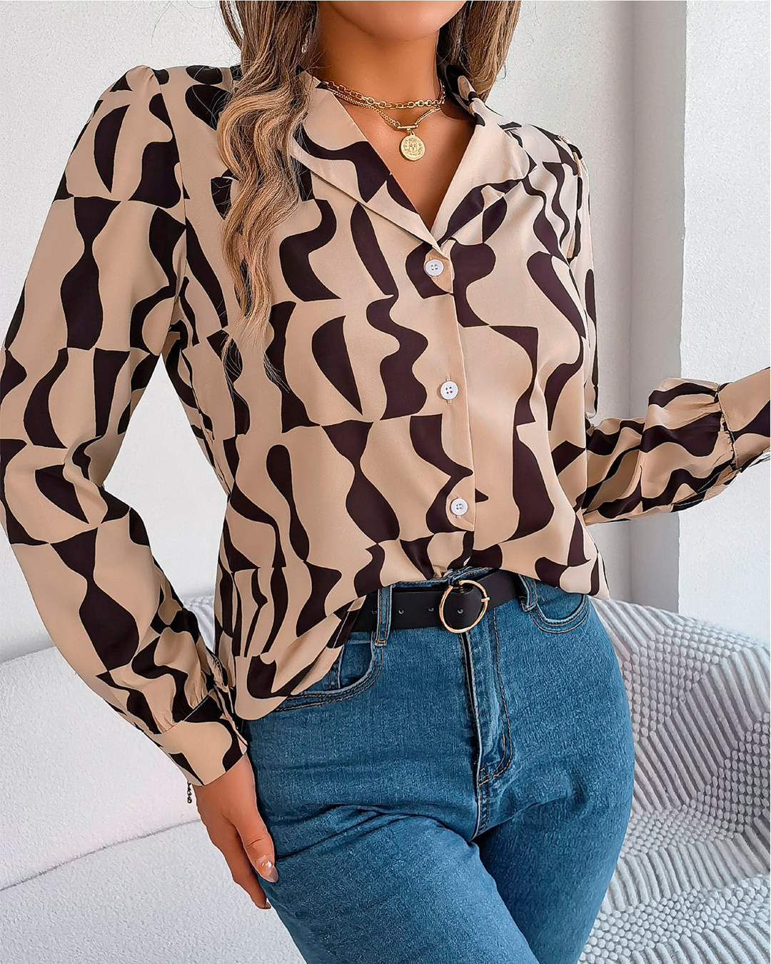 Geometric Print Front Button Blouse