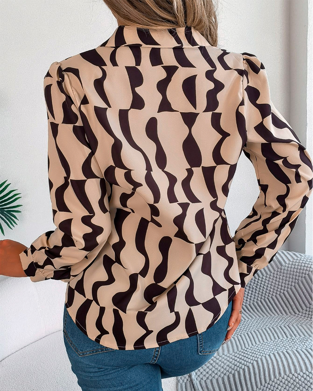 Geometric Print Front Button Blouse