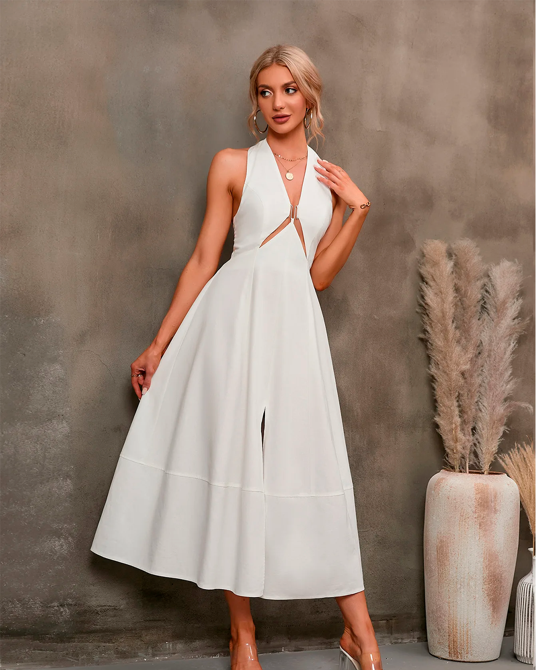 Halter Midi White Dress with Front Cut Out