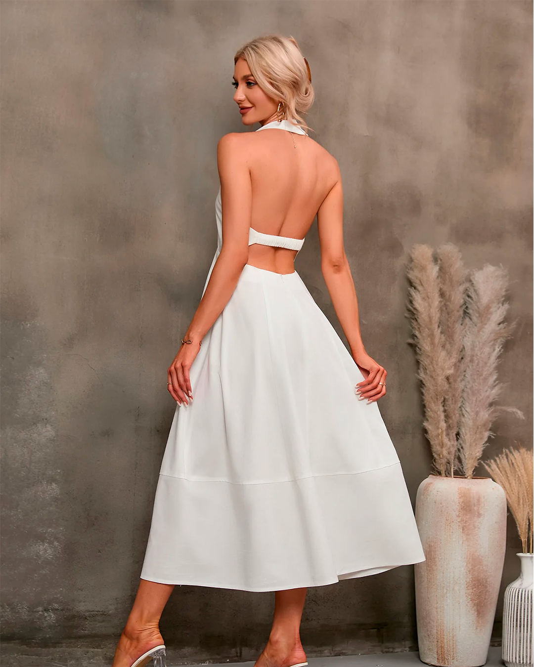 Halter Midi White Dress with Front Cut Out