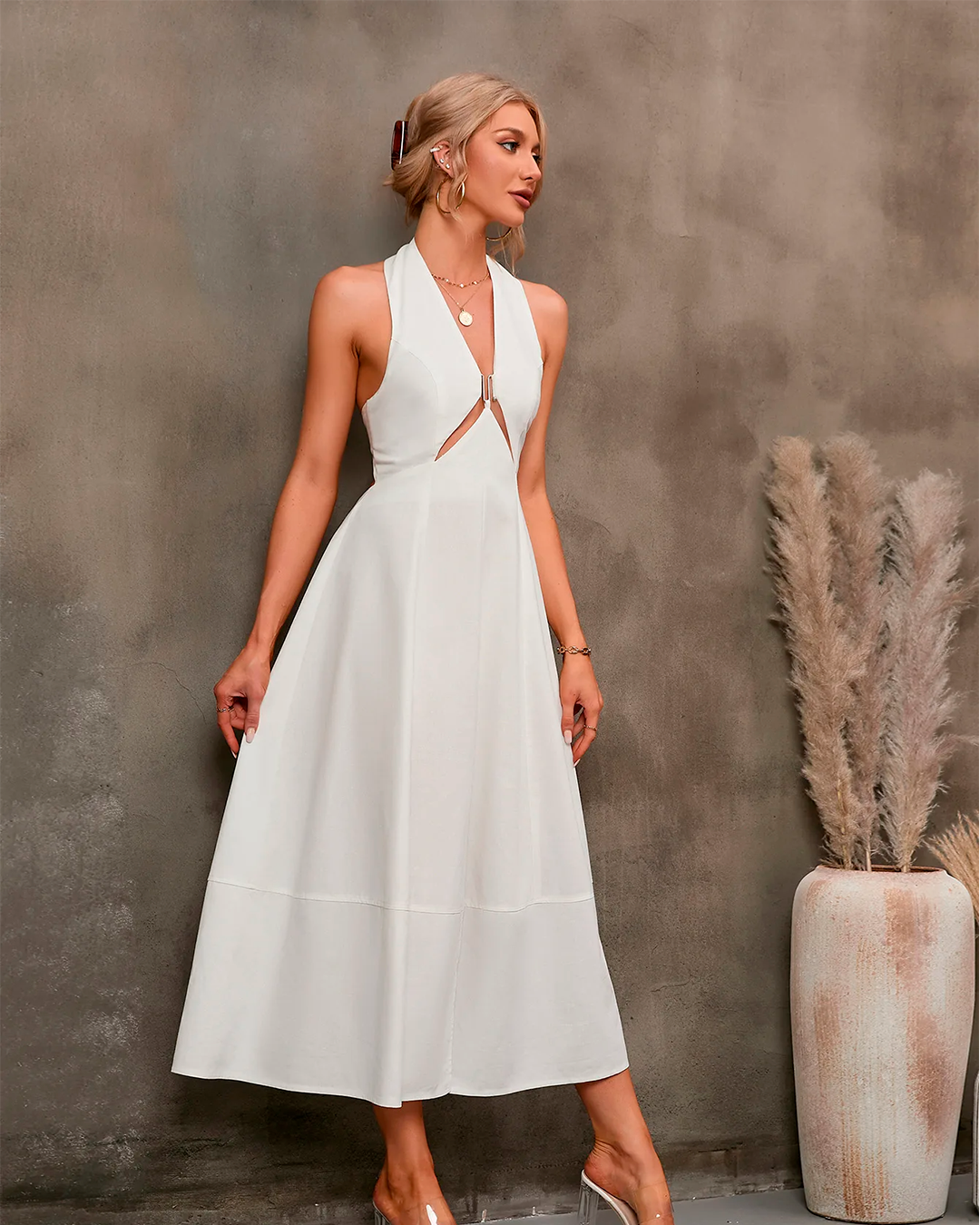 Halter Midi White Dress with Front Cut Out