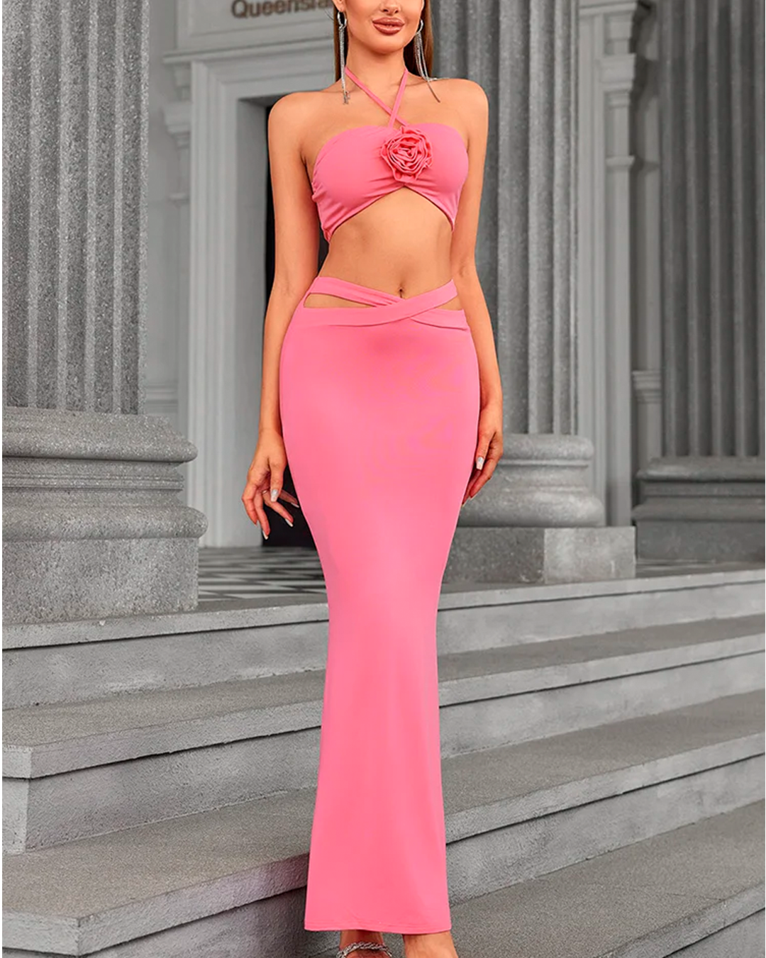 Halter Printed Top and Long Skirt Set