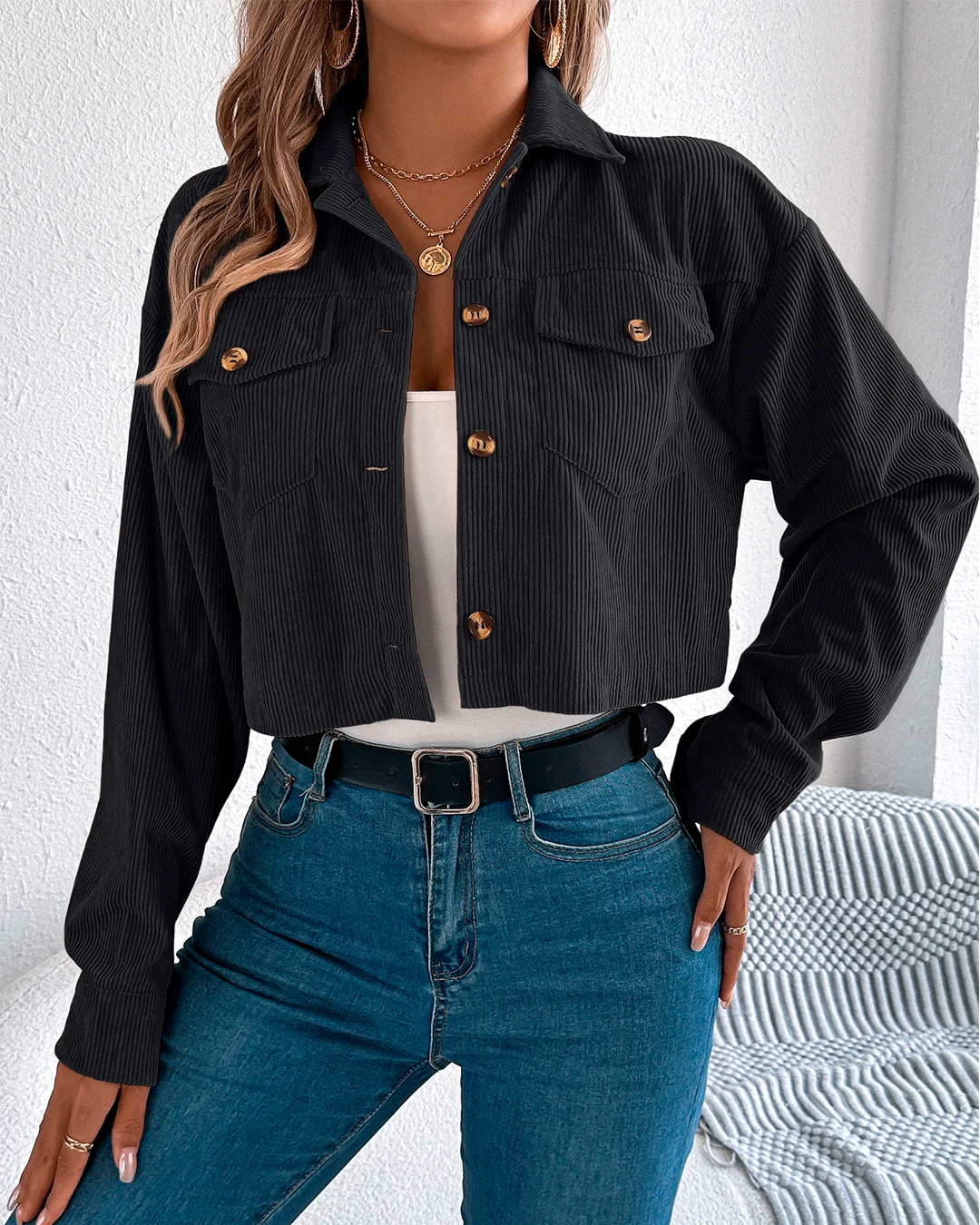 Jacket Women's Cropped Corduroy Button Up Casual Modern