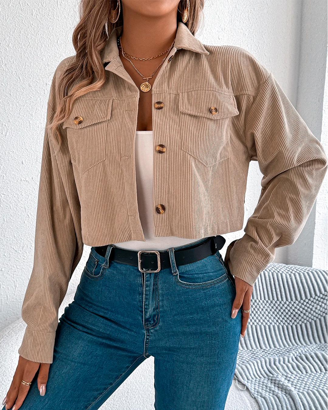 Jacket Women's Cropped Corduroy Button Up Casual Modern