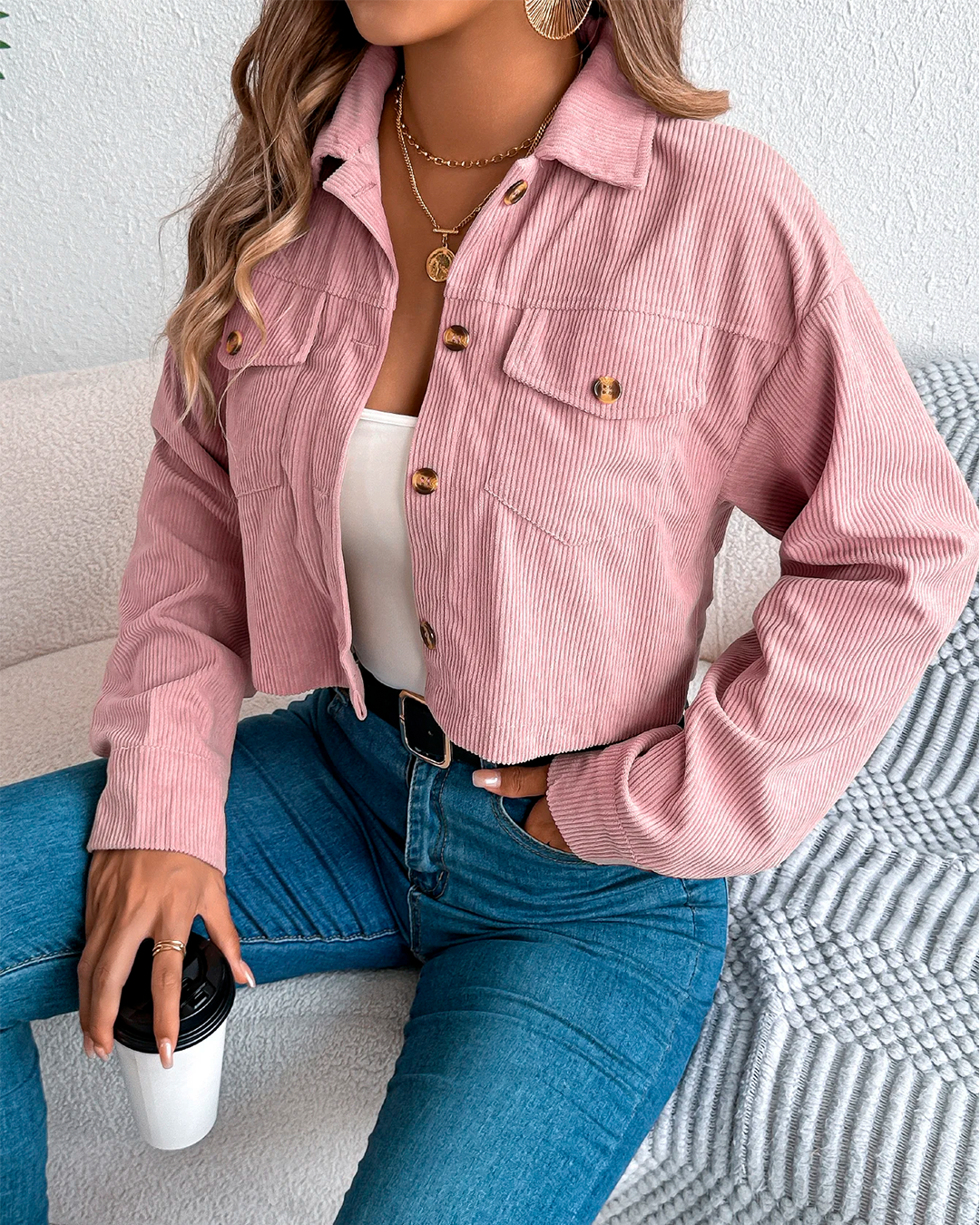 Jacket Women's Cropped Corduroy Button Up Casual Modern