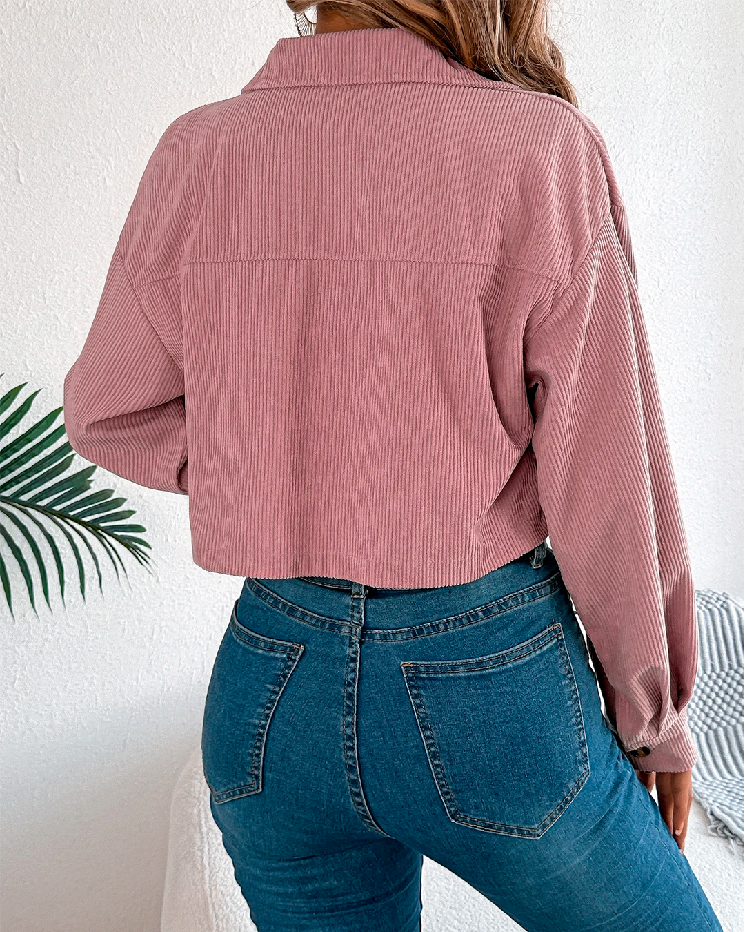 Jacket Women's Cropped Corduroy Button Up Casual Modern