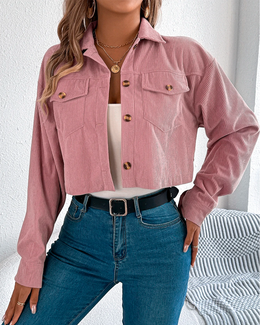 Jacket Women's Cropped Corduroy Button Up Casual Modern