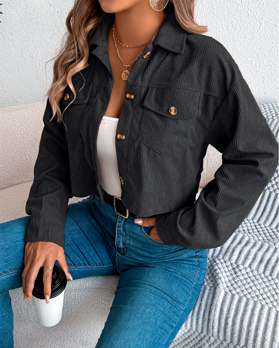 Jacket Women's Cropped Corduroy Button Up Casual Modern