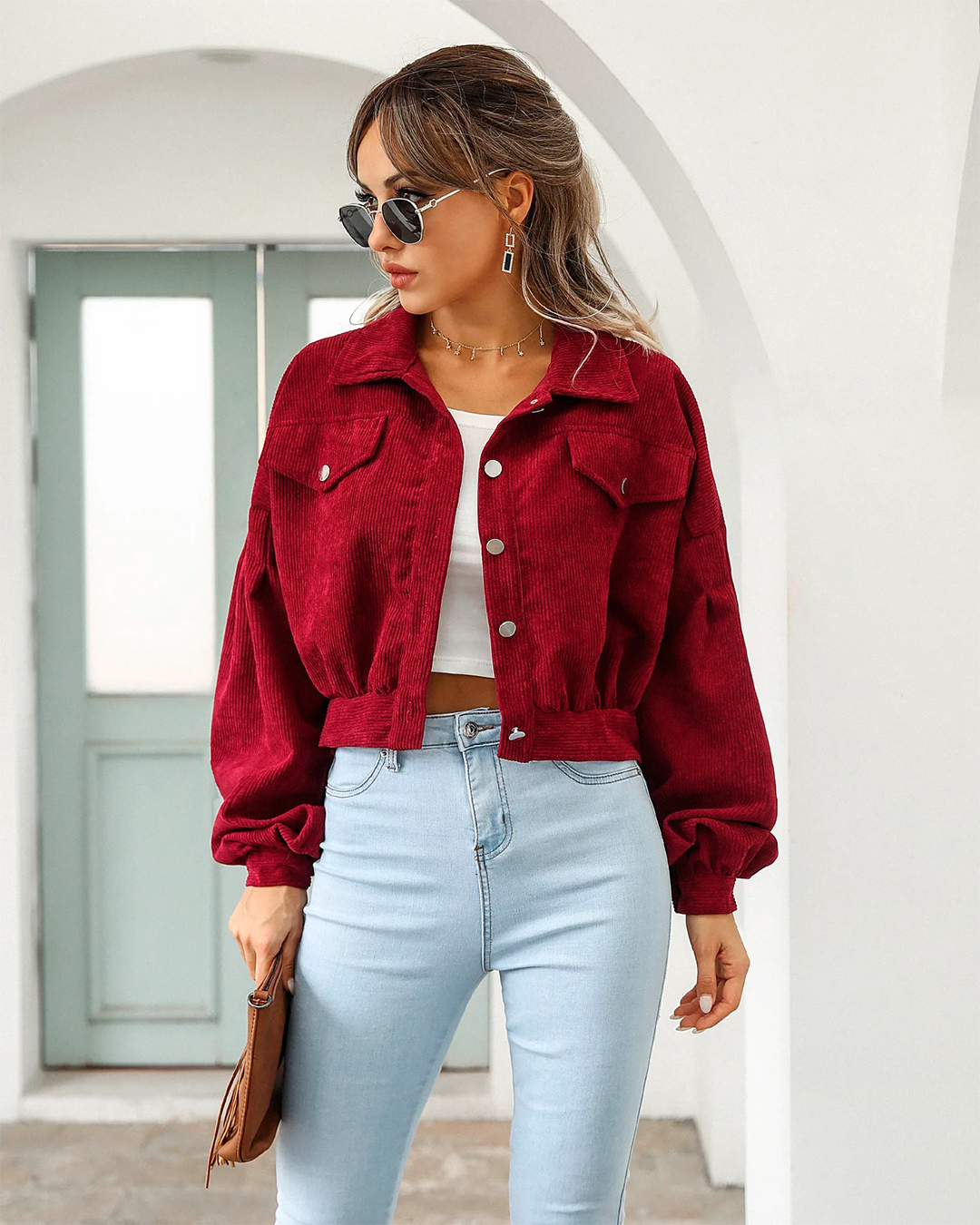 Jacket Women's Cropped Corduroy Button Up Casual Versatile