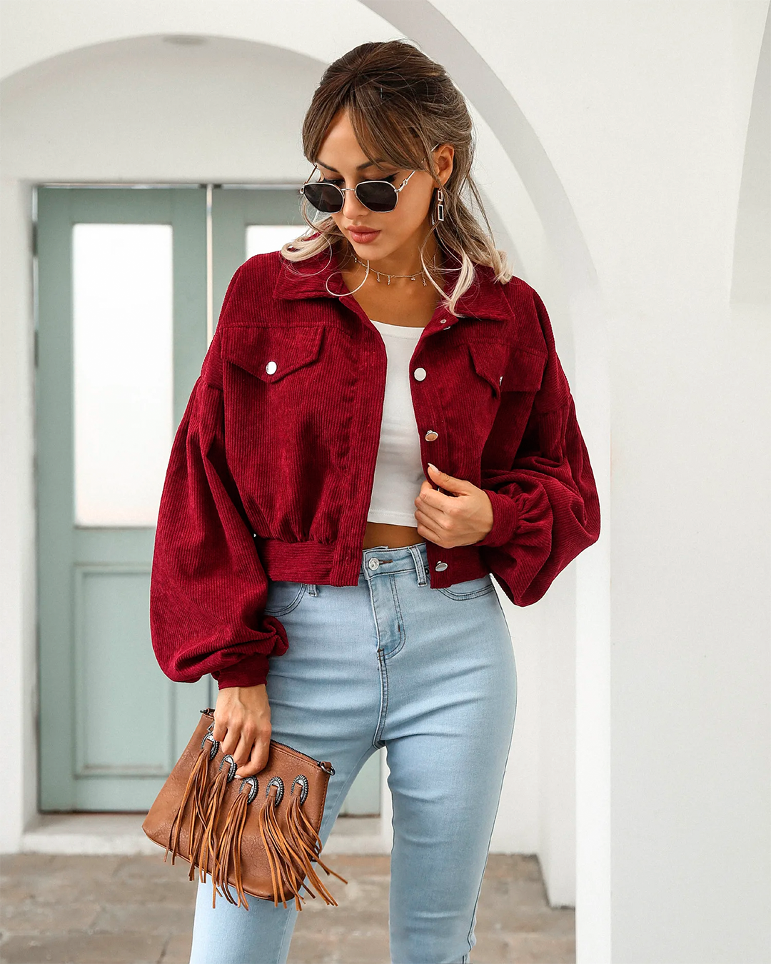 Jacket Women's Cropped Corduroy Button Up Casual Versatile