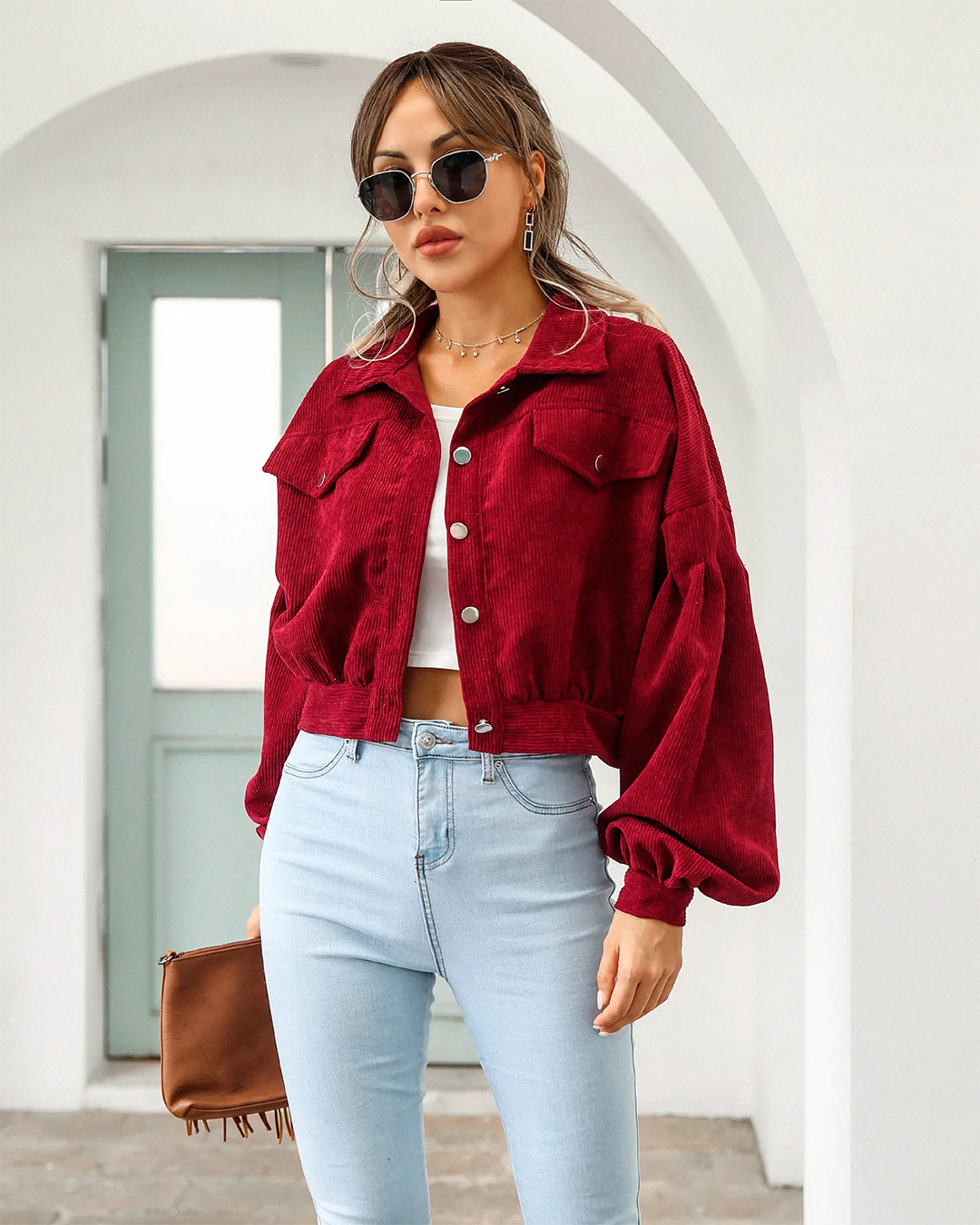Jacket Women's Cropped Corduroy Button Up Casual Versatile