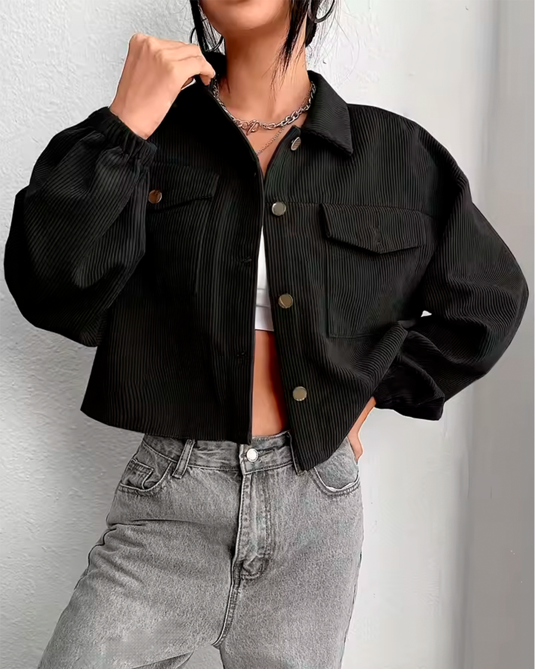 Jacket Women's Cropped Corduroy Modern Button Up Versatile