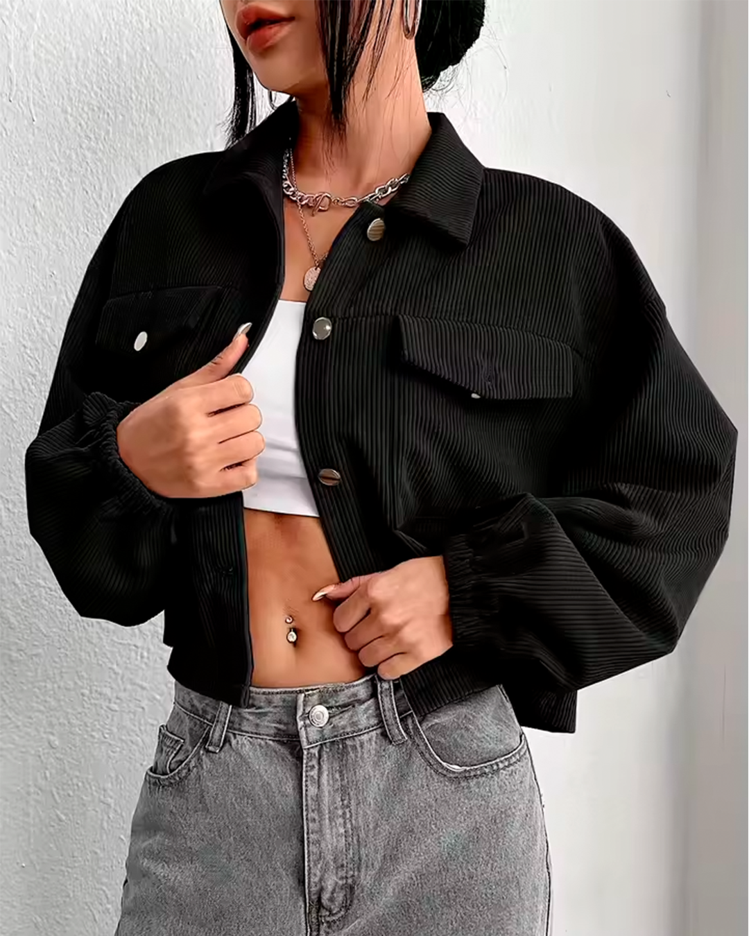 Jacket Women's Cropped Corduroy Modern Button Up Versatile