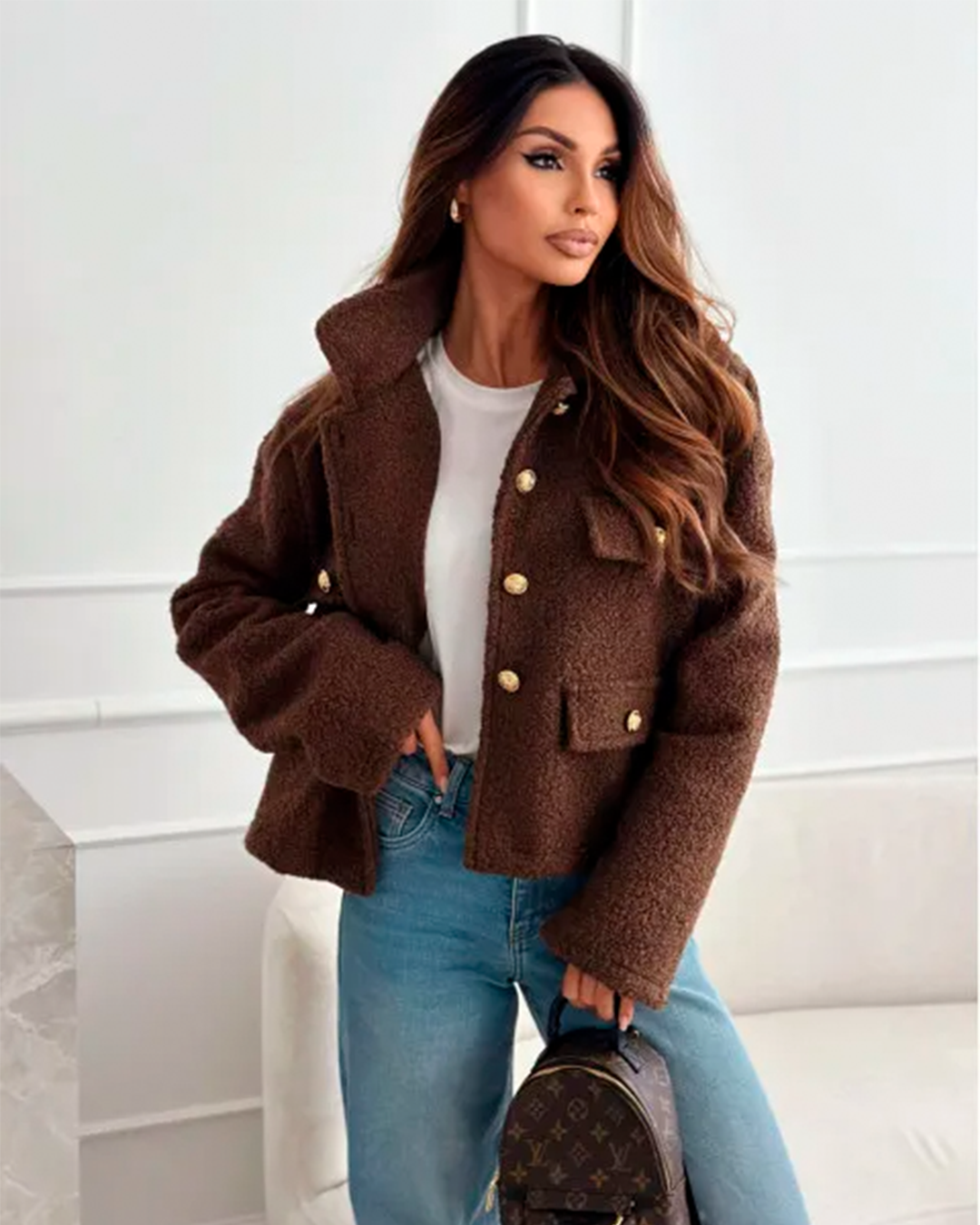 Jacket Women's Faux Fur Button Up Pocket Winter Stylish