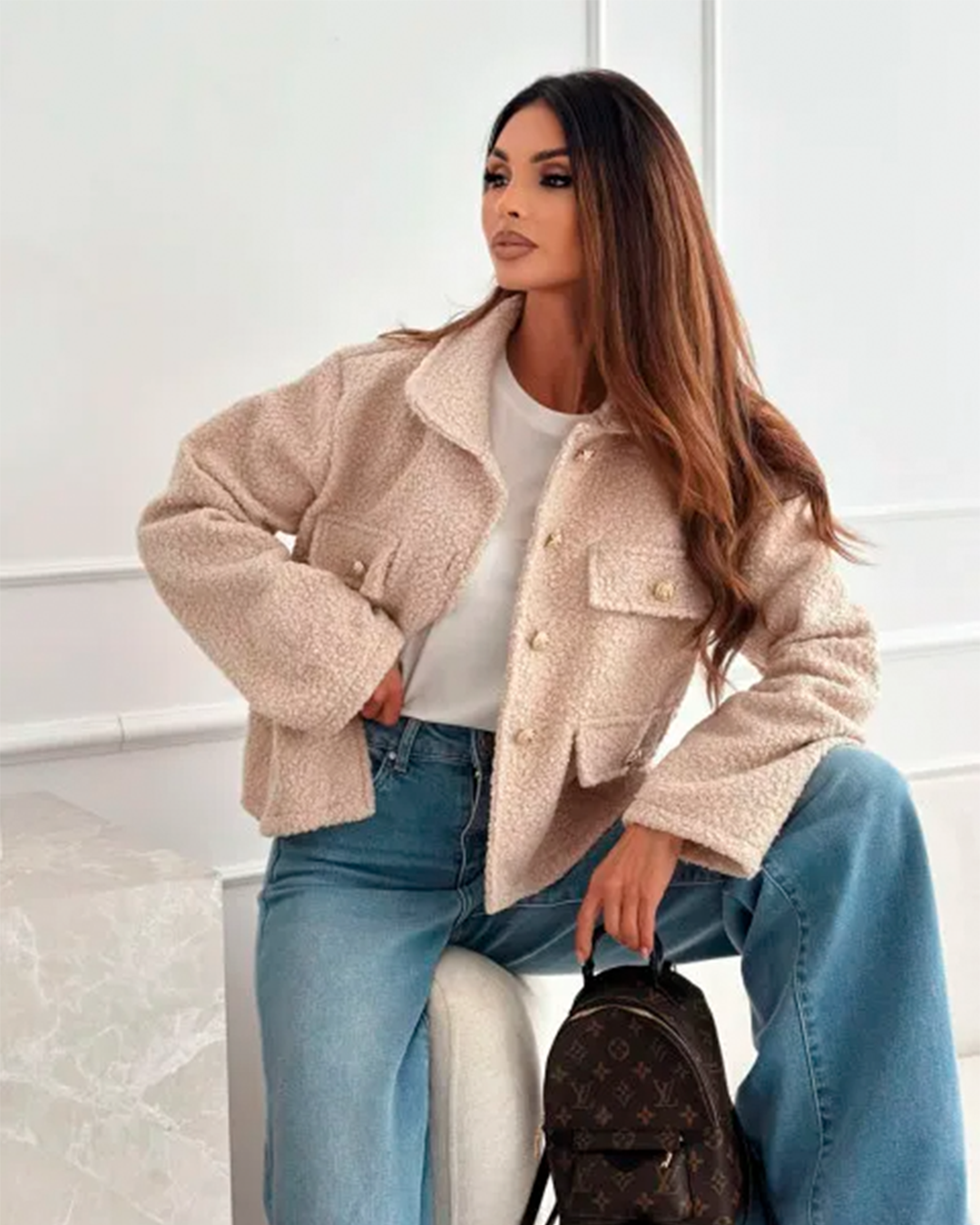 Jacket Women's Faux Fur Button Up Pocket Winter Stylish