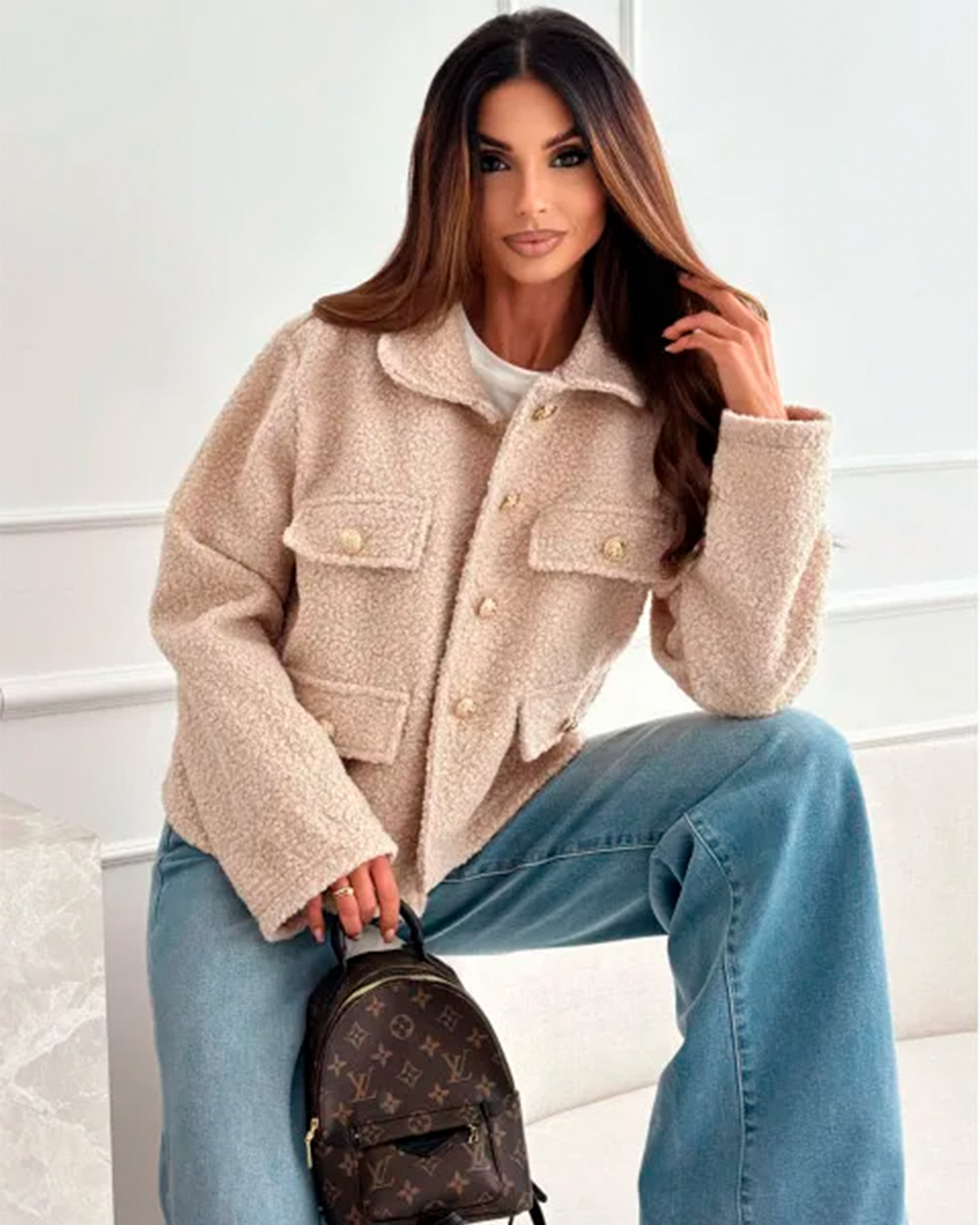 Jacket Women's Faux Fur Button Up Pocket Winter Stylish