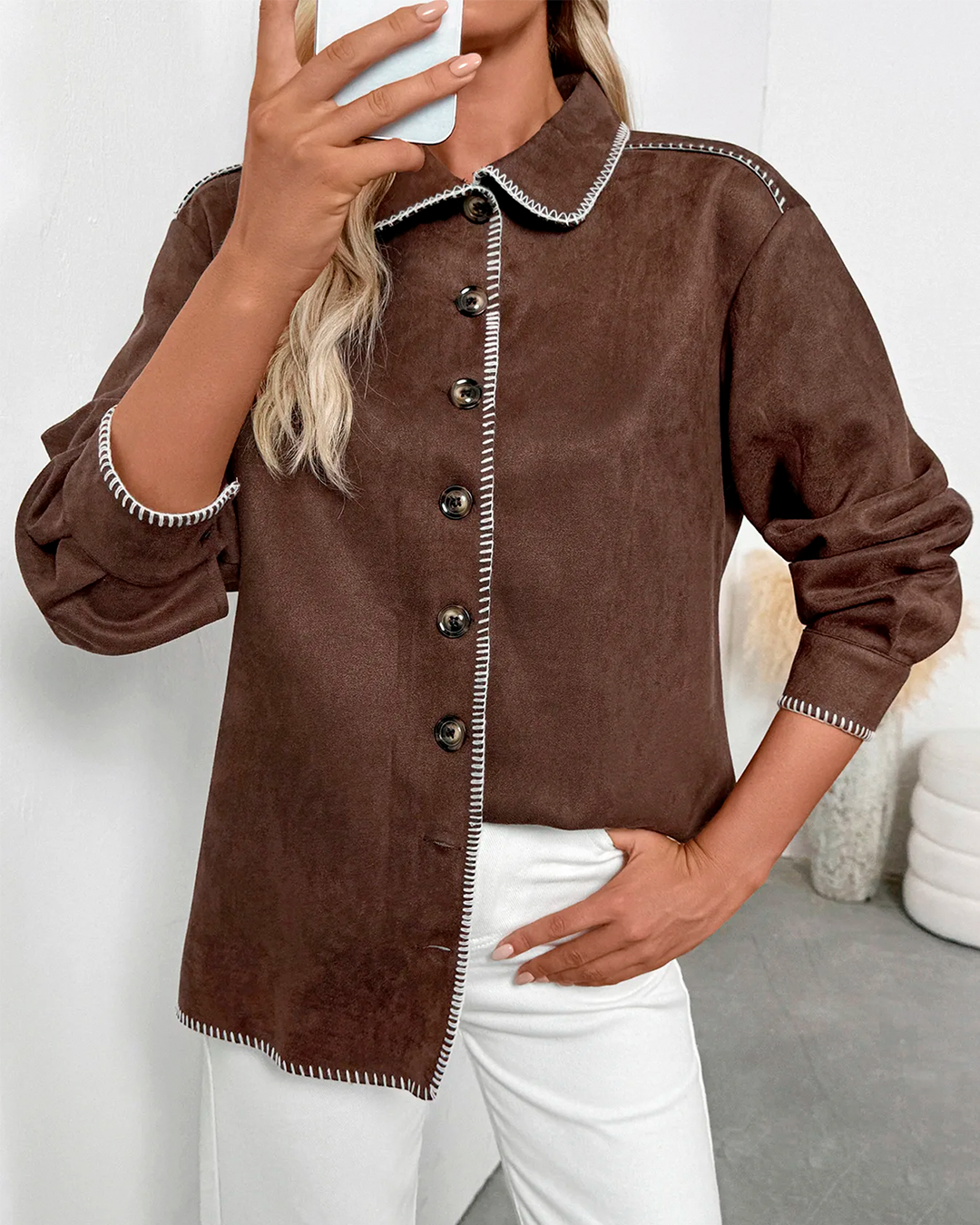 Jacket Women's Longline Suede Button Up Artisan Detail