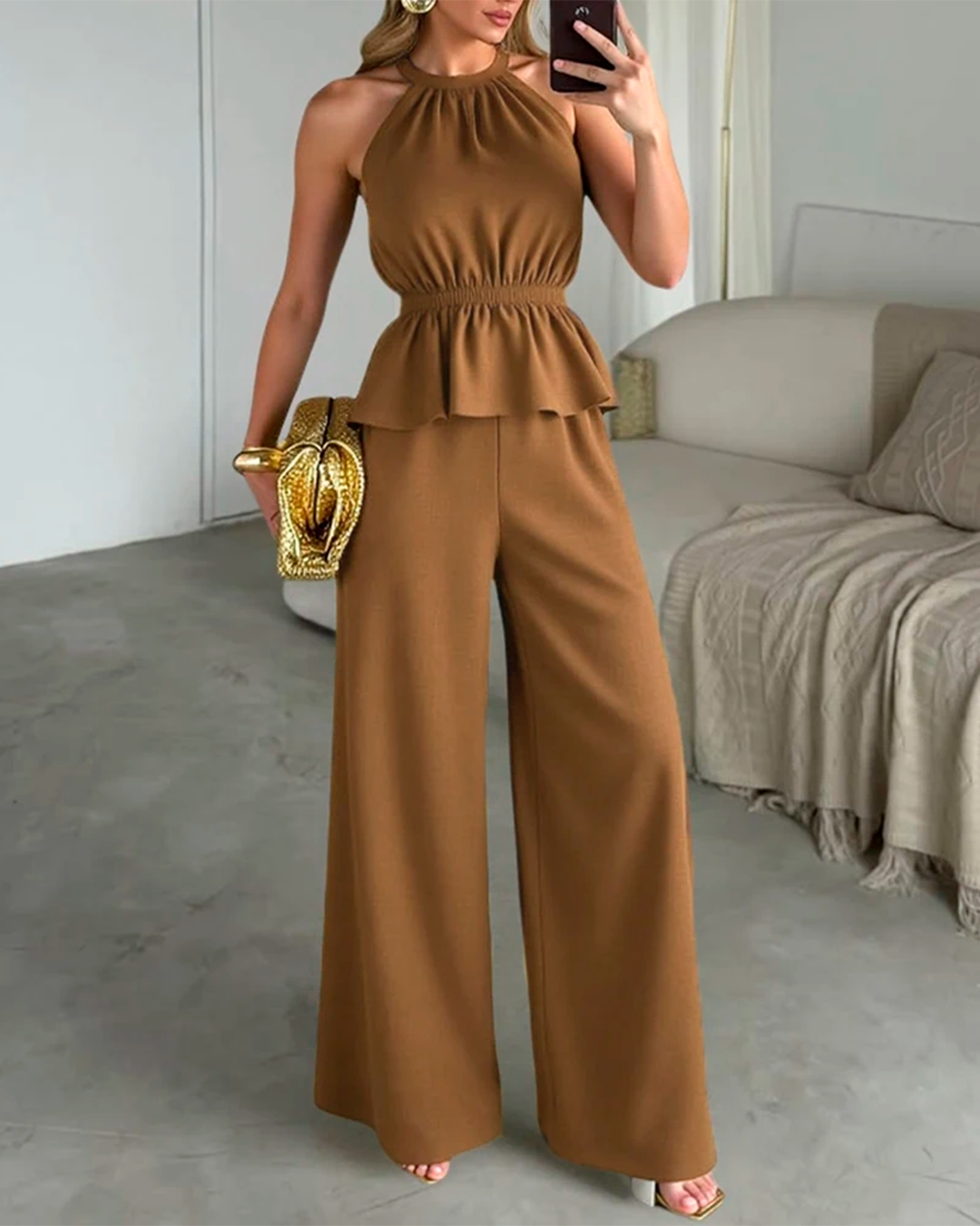 Jumpsuit Women's Halter Neck Peplum Wide Leg Elegant